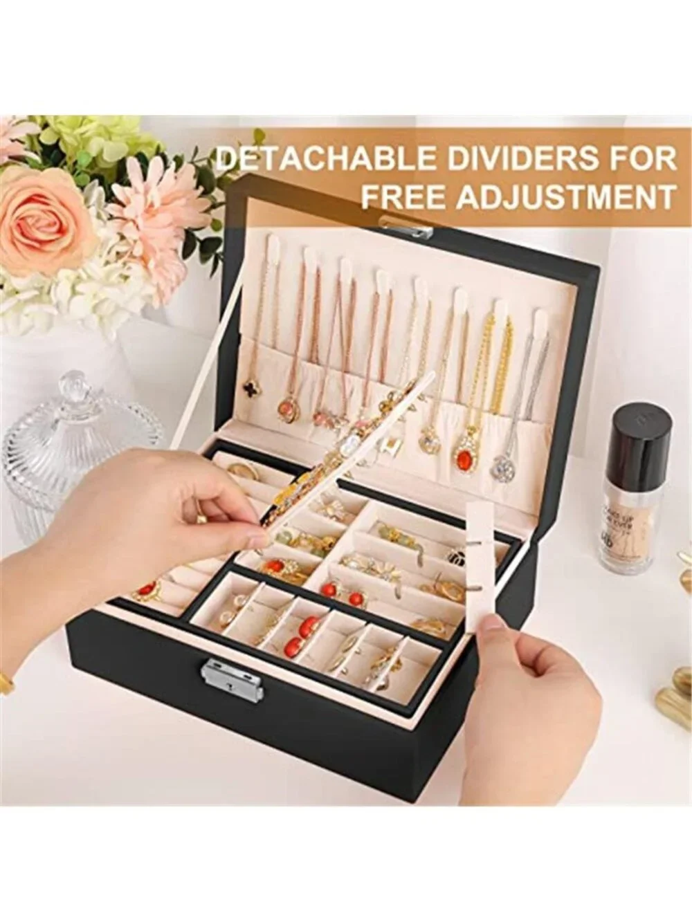 Black Jewelry Box Organizer Lock Necklace Earring Ring Watch Storage Case Velvet